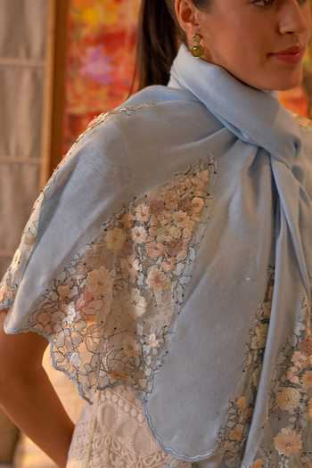 Mauli Cashmere_Blue Cherry Blossom Flounce Embroidered Stole _Online_at_Aza_Fashions