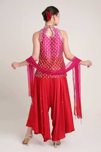 Shop_Keith Gomes_Multicolor Silk, Satin, Net Tassels Halter Neck Raw Ombre Kurta Set _at_Aza_Fashions