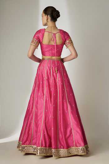 Shop_Essay By Sumedha Agrawal_Pink Silk, Chanderi, Organza, Viscose Sweetheart Neck Embroidered Lehenga Set _at_Aza_Fashions