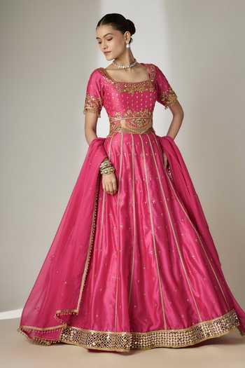 Buy_Essay By Sumedha Agrawal_Pink Silk, Chanderi, Organza, Viscose Sweetheart Neck Embroidered Lehenga Set _Online_at_Aza_Fashions