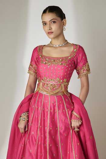 Essay By Sumedha Agrawal_Pink Silk, Chanderi, Organza, Viscose Sweetheart Neck Embroidered Lehenga Set _Online_at_Aza_Fashions