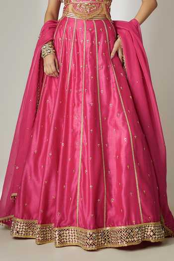 Shop_Essay By Sumedha Agrawal_Pink Silk, Chanderi, Organza, Viscose Sweetheart Neck Embroidered Lehenga Set _Online_at_Aza_Fashions