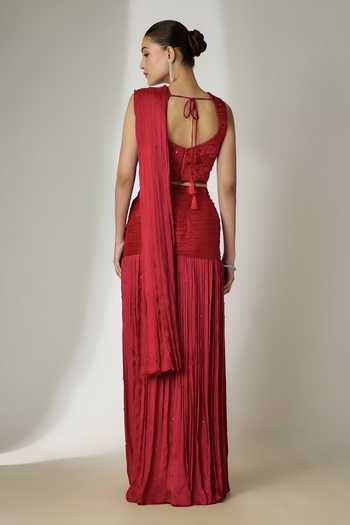Shop_Essay By Sumedha Agrawal_Maroon Satin, Chiffon, Viscose Sweetheart Pleated Pre-draped Saree With Blouse _at_Aza_Fashions