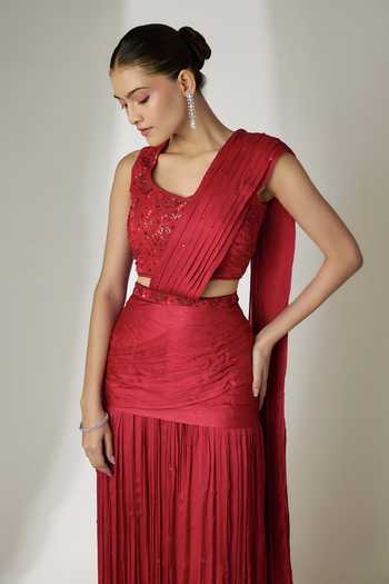 Buy_Essay By Sumedha Agrawal_Maroon Satin, Chiffon, Viscose Sweetheart Pleated Pre-draped Saree With Blouse _Online_at_Aza_Fashions