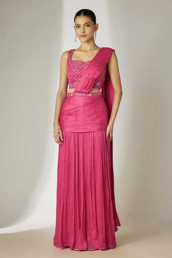Buy_Essay By Sumedha Agrawal_Pink Viscose, Chiffon, Satin Sweetheart Pleated Pre-draped Saree With Blouse _at_Aza_Fashions