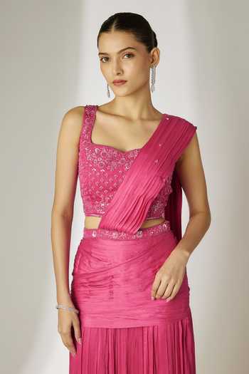 Shop_Essay By Sumedha Agrawal_Pink Viscose, Chiffon, Satin Sweetheart Pleated Pre-draped Saree With Blouse _at_Aza_Fashions