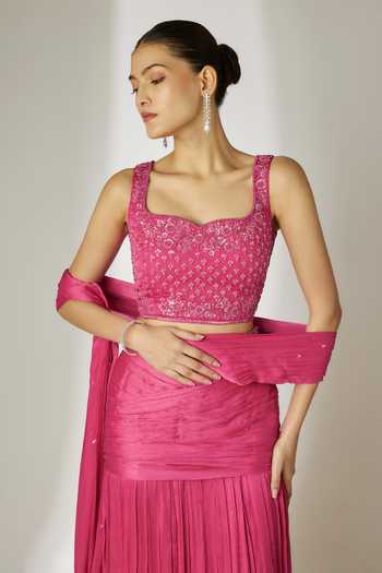 Essay By Sumedha Agrawal_Pink Viscose, Chiffon, Satin Sweetheart Pleated Pre-draped Saree With Blouse _Online_at_Aza_Fashions
