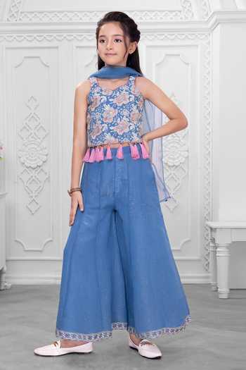 Buy_Mini Stitch_Blue Silk, Cotton Embroidered Top Palazzo Set _at_Aza_Fashions