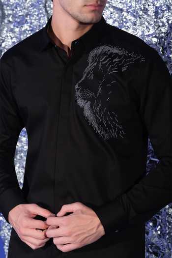 Sanjana Reddy Designs_Black Cotton Placement Lion Embroidered Shirt _Online_at_Aza_Fashions
