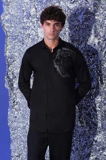 Shop_Sanjana Reddy Designs_Black Cotton Placement Lion Embroidered Shirt _at_Aza_Fashions