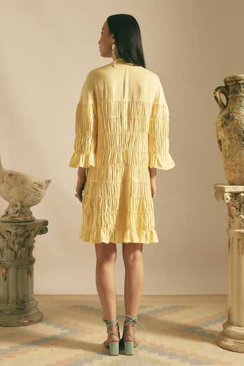 Shop_Shimona_Yellow Cotton, Linen Mandarin Collar Mango Mirage Dress _at_Aza_Fashions