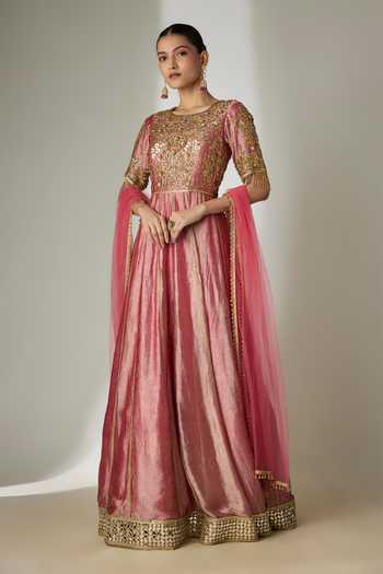Buy_Essay By Sumedha Agrawal_Pink Silk, Tissue, Viscose, Cotton, Shantoon, Net Hand Embroidered Anarkali Set _at_Aza_Fashions