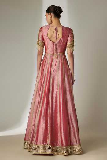Shop_Essay By Sumedha Agrawal_Pink Silk, Tissue, Viscose, Cotton, Shantoon, Net Hand Embroidered Anarkali Set _at_Aza_Fashions