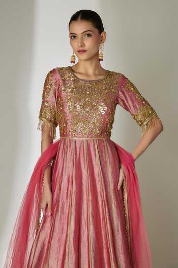 Essay By Sumedha Agrawal_Pink Silk, Tissue, Viscose, Cotton, Shantoon, Net Hand Embroidered Anarkali Set _Online_at_Aza_Fashions