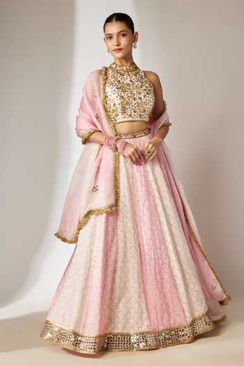 Buy_Essay By Sumedha Agrawal_Pink Organza, Viscose Halter Neck Embroidered Lehenga Set _at_Aza_Fashions