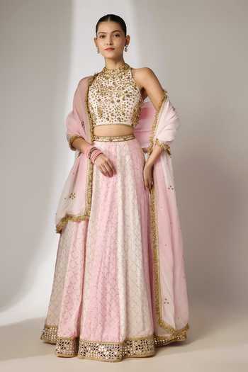 Essay By Sumedha Agrawal_Pink Organza, Viscose Halter Neck Embroidered Lehenga Set _Online_at_Aza_Fashions
