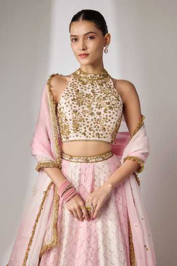 Buy_Essay By Sumedha Agrawal_Pink Organza, Viscose Halter Neck Embroidered Lehenga Set _Online_at_Aza_Fashions