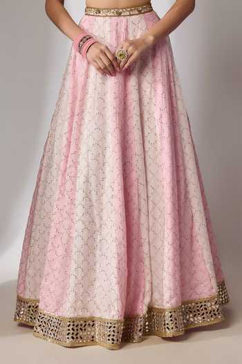 Shop_Essay By Sumedha Agrawal_Pink Organza, Viscose Halter Neck Embroidered Lehenga Set _Online_at_Aza_Fashions