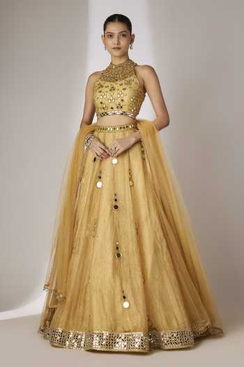 Buy_Essay By Sumedha Agrawal_Gold Silk, Tissue, Viscose, Cotton, Shantoon, Net Hand Embroidered Lehenga Set _at_Aza_Fashions