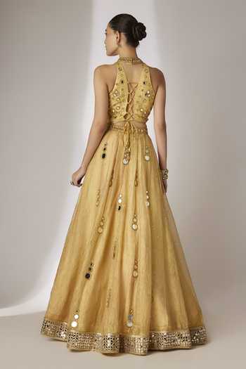 Shop_Essay By Sumedha Agrawal_Gold Silk, Tissue, Viscose, Cotton, Shantoon, Net Hand Embroidered Lehenga Set _at_Aza_Fashions