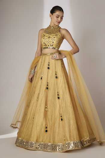Essay By Sumedha Agrawal_Gold Silk, Tissue, Viscose, Cotton, Shantoon, Net Hand Embroidered Lehenga Set _Online_at_Aza_Fashions