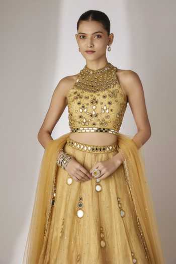 Buy_Essay By Sumedha Agrawal_Gold Silk, Tissue, Viscose, Cotton, Shantoon, Net Hand Embroidered Lehenga Set _Online_at_Aza_Fashions