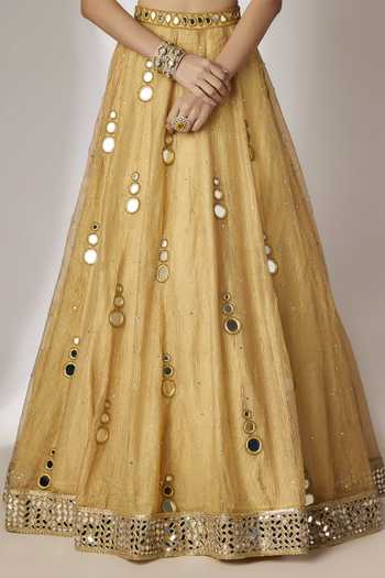 Shop_Essay By Sumedha Agrawal_Gold Silk, Tissue, Viscose, Cotton, Shantoon, Net Hand Embroidered Lehenga Set _Online_at_Aza_Fashions