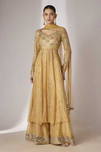 Buy_Essay By Sumedha Agrawal_Gold Silk, Tissue, Net Leaf Neck Hand Embroidered Anarkali Sharara Set _at_Aza_Fashions