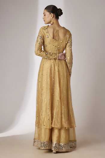 Shop_Essay By Sumedha Agrawal_Gold Silk, Tissue, Net Leaf Neck Hand Embroidered Anarkali Sharara Set _at_Aza_Fashions