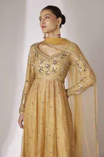 Essay By Sumedha Agrawal_Gold Silk, Tissue, Net Leaf Neck Hand Embroidered Anarkali Sharara Set _Online_at_Aza_Fashions