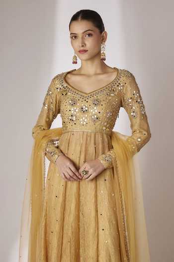Buy_Essay By Sumedha Agrawal_Gold Silk, Tissue, Net Leaf Neck Hand Embroidered Anarkali Sharara Set _Online_at_Aza_Fashions