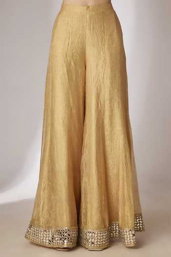 Shop_Essay By Sumedha Agrawal_Gold Silk, Tissue, Net Leaf Neck Hand Embroidered Anarkali Sharara Set _Online_at_Aza_Fashions