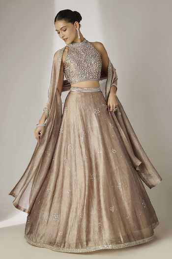 Buy_Essay By Sumedha Agrawal_Grey Silk, Tissue Halter Neck Hand Embroidered Lehenga Blouse Set _at_Aza_Fashions