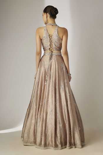 Shop_Essay By Sumedha Agrawal_Grey Silk, Tissue Halter Neck Hand Embroidered Lehenga Blouse Set _at_Aza_Fashions