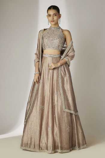 Essay By Sumedha Agrawal_Grey Silk, Tissue Halter Neck Hand Embroidered Lehenga Blouse Set _Online_at_Aza_Fashions