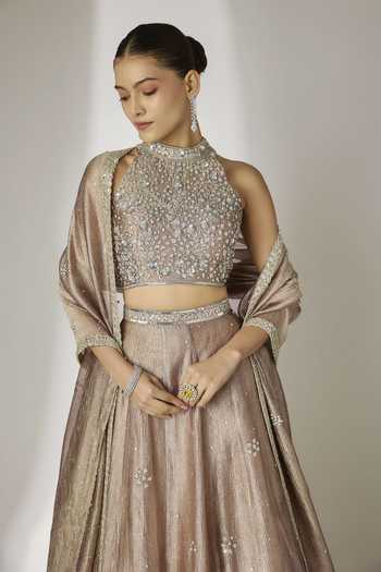 Buy_Essay By Sumedha Agrawal_Grey Silk, Tissue Halter Neck Hand Embroidered Lehenga Blouse Set _Online_at_Aza_Fashions