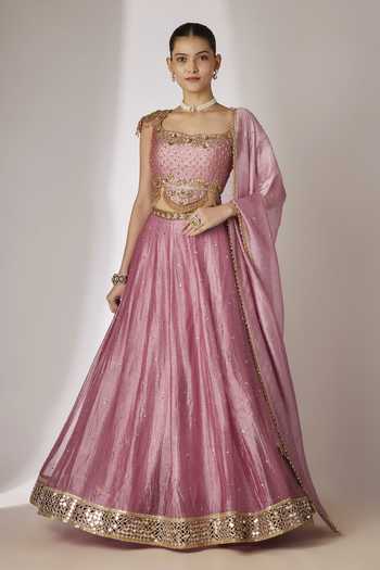 Buy_Essay By Sumedha Agrawal_Pink Silk, Tissue Square Neck Embroidered Lehenga Set _at_Aza_Fashions