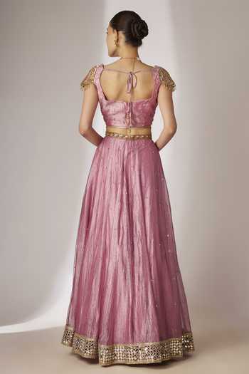 Shop_Essay By Sumedha Agrawal_Pink Silk, Tissue Square Neck Embroidered Lehenga Set _at_Aza_Fashions