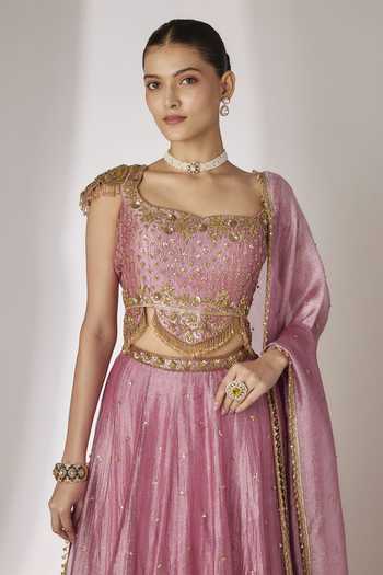 Essay By Sumedha Agrawal_Pink Silk, Tissue Square Neck Embroidered Lehenga Set _Online_at_Aza_Fashions