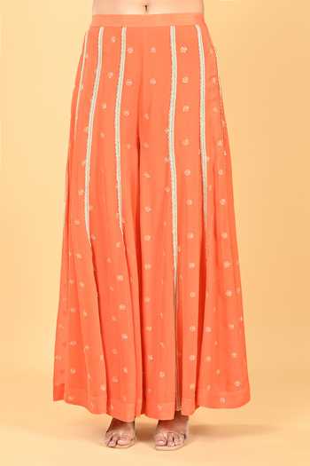 Shop_Keith Gomes_Orange Georgette, Net Embroidery, Sequins, Beads Sweetheart Top And Palazzo Set _Online_at_Aza_Fashions