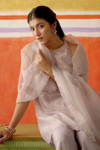 KAPAAS_Purple Chanderi, Organza Round Neck Kamal Embroidered Kurta Sharara Set _Online_at_Aza_Fashions