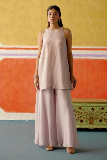 Buy_KAPAAS_Purple Chanderi, Organza Round Neck Kamal Embroidered Kurta Sharara Set _Online_at_Aza_Fashions