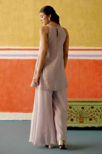 Shop_KAPAAS_Purple Chanderi, Organza Round Neck Kamal Embroidered Kurta Sharara Set _at_Aza_Fashions