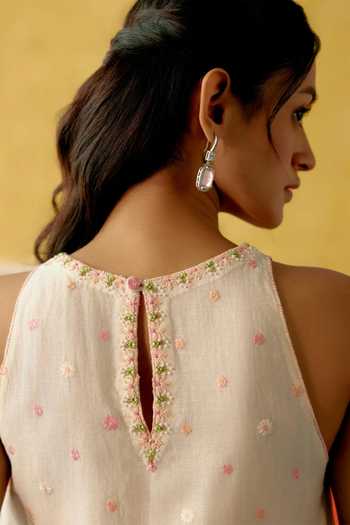 Shop_KAPAAS_Ivory Chanderi, Organza Halter Neck Kanak Sleeveless Kurta Sharara Set _at_Aza_Fashions