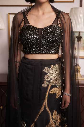 Shop_Meenagurnam_Black Jacquard, Net Sweetheart Neck Embroidered Lehenga Set _Online_at_Aza_Fashions