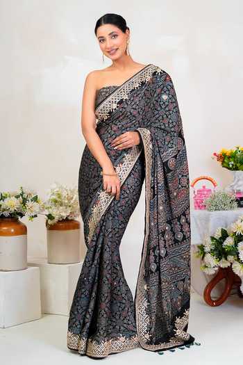 Buy_Geroo Jaipur_Black Silk, Modal Scoop Neck Ajrakh Print Saree With Blouse _at_Aza_Fashions
