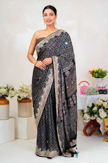 Shop_Geroo Jaipur_Black Silk, Modal Scoop Neck Ajrakh Print Saree With Blouse _Online_at_Aza_Fashions