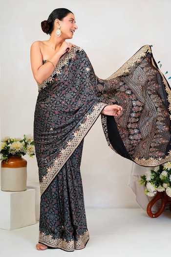 Geroo Jaipur_Black Silk, Modal Scoop Neck Ajrakh Print Saree With Blouse _at_Aza_Fashions