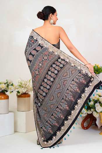 Geroo Jaipur_Black Silk, Modal Scoop Neck Ajrakh Print Saree With Blouse _Online_at_Aza_Fashions