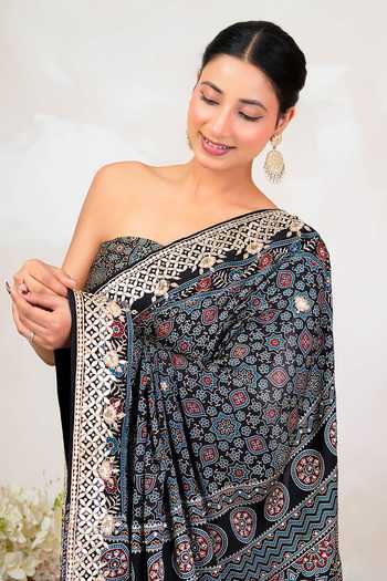 Shop_Geroo Jaipur_Black Silk, Modal Scoop Neck Ajrakh Print Saree With Blouse 